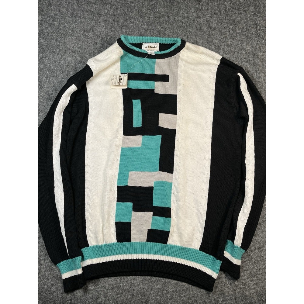 vintage 80s 90s  La Mode Hand Intarsia Golf Sweater Geo Texture Multi Cotton New